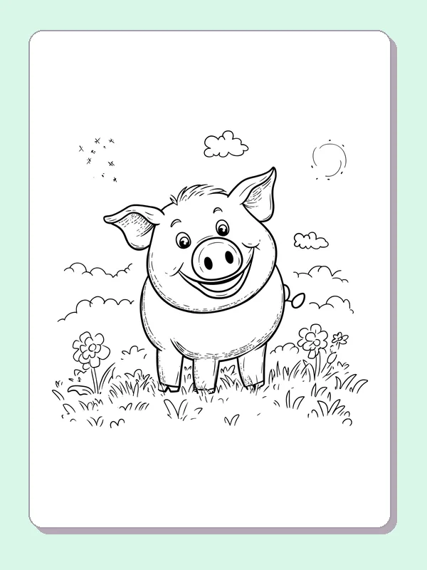 Pig In A Sunny Meadow pig coloring page, black and white line art to print or color online