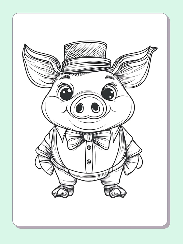 Pig In A Top Hat pig coloring page, black and white line art to print or color online