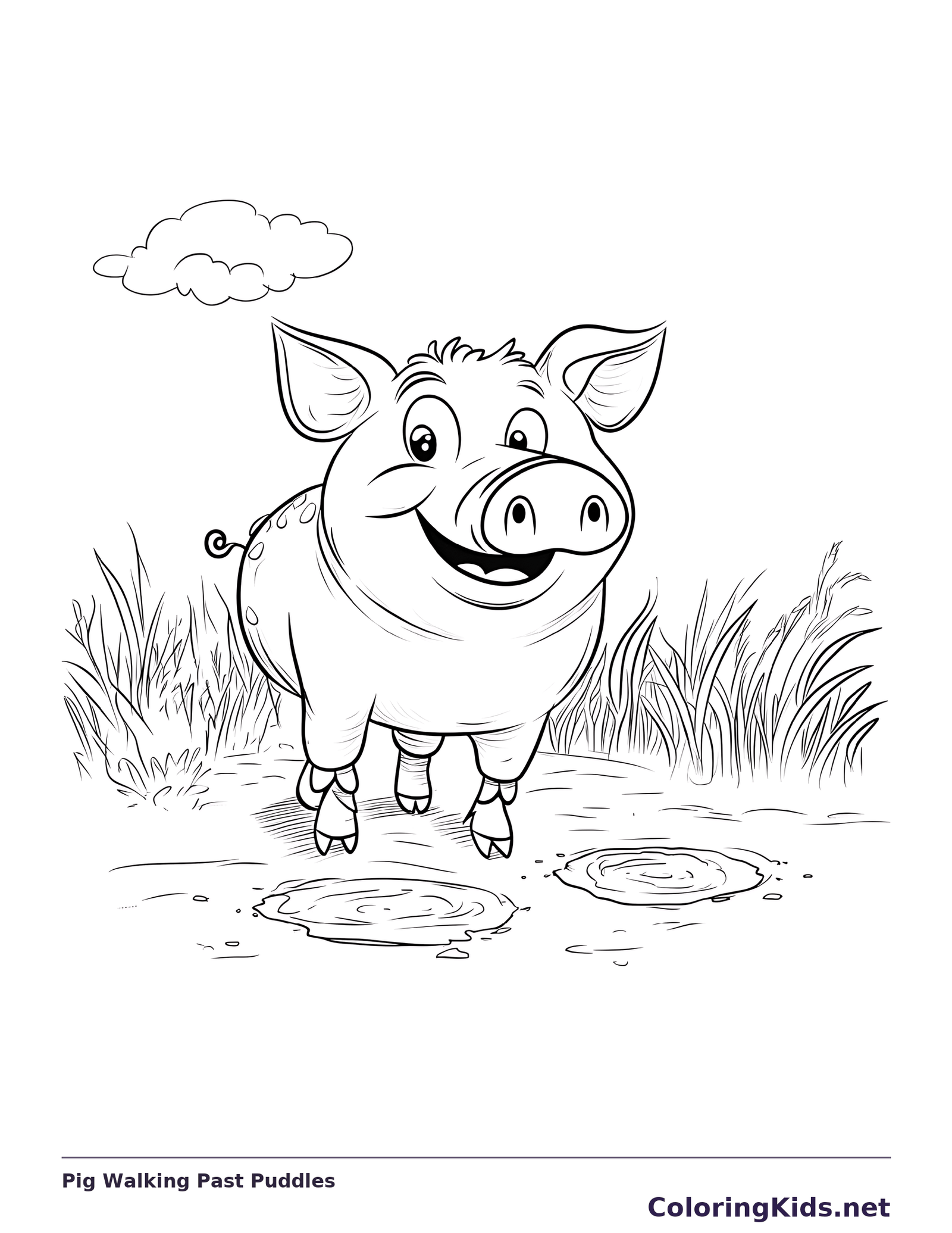 Pig Walking Past Puddles pig coloring page, black and white line art to print or color online
