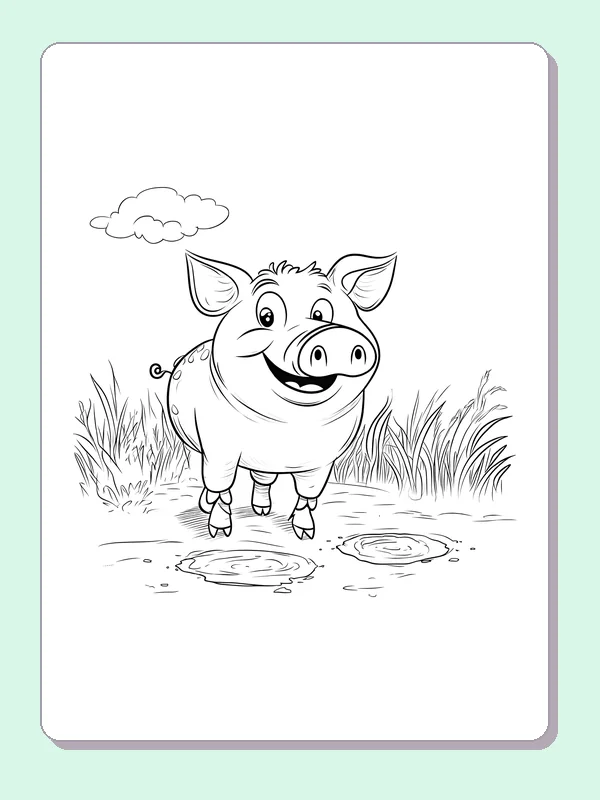 Pig Walking Past Puddles pig coloring page, black and white line art to print or color online
