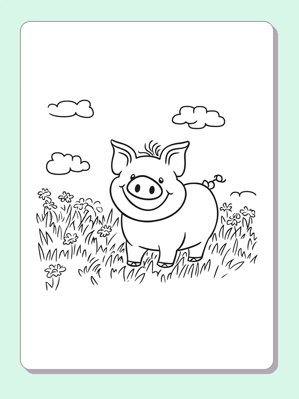 Pig With Clouds And Grass pig coloring page, black and white line art to print or color online