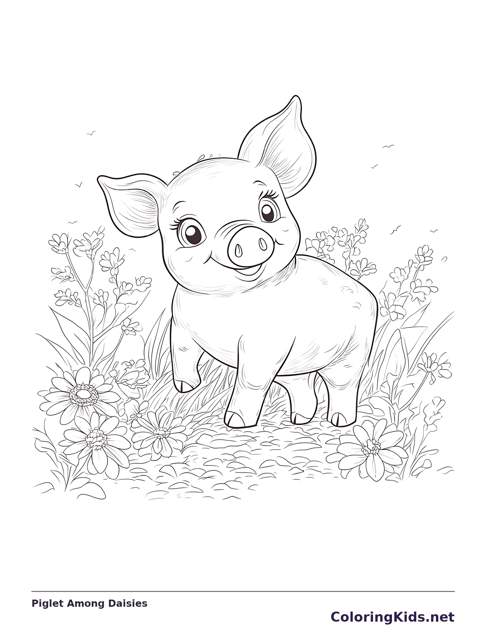 Piglet Among Daisies pig coloring page, black and white line art to print or color online
