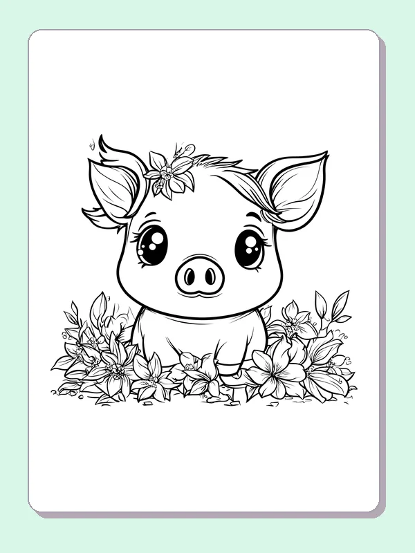 Piglet Beside Leafy Branches pig coloring page, black and white line art to print or color online