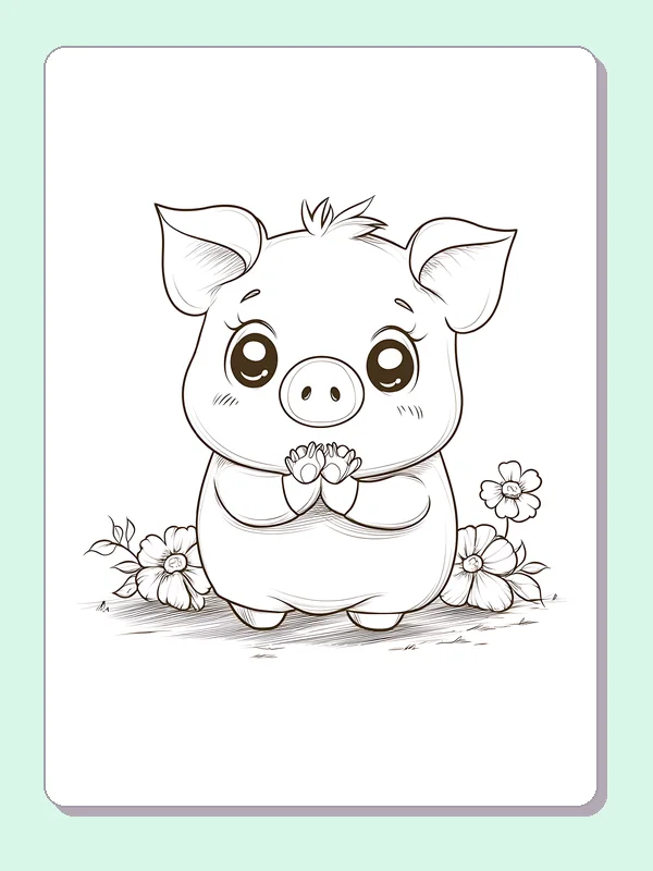 Piglet Holding A Flower pig coloring page, black and white line art to print or color online