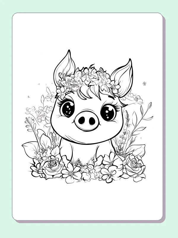 Piglet In A Floral Wreath pig coloring page, black and white line art to print or color online