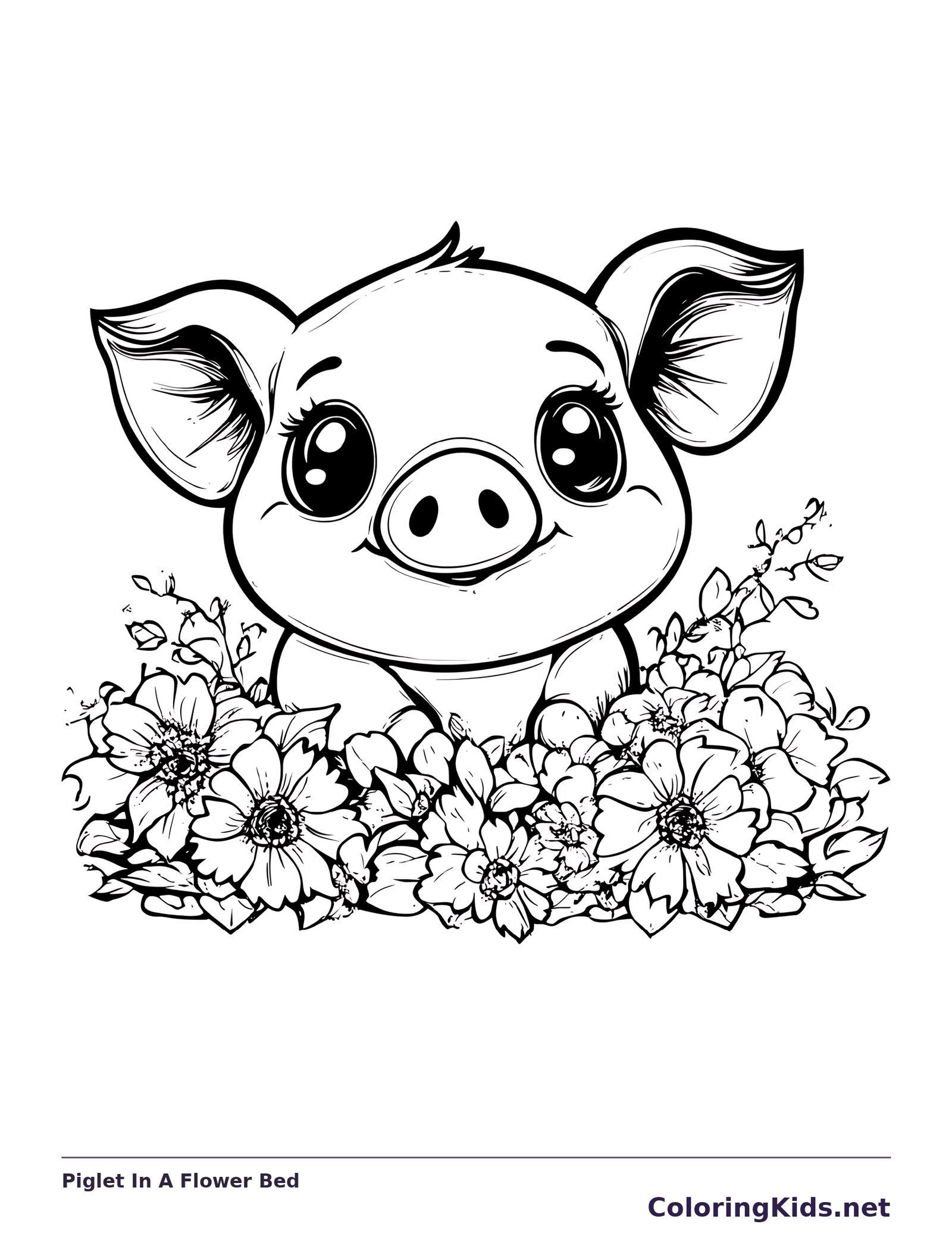 Piglet In A Flower Bed pig coloring page, black and white line art to print or color online