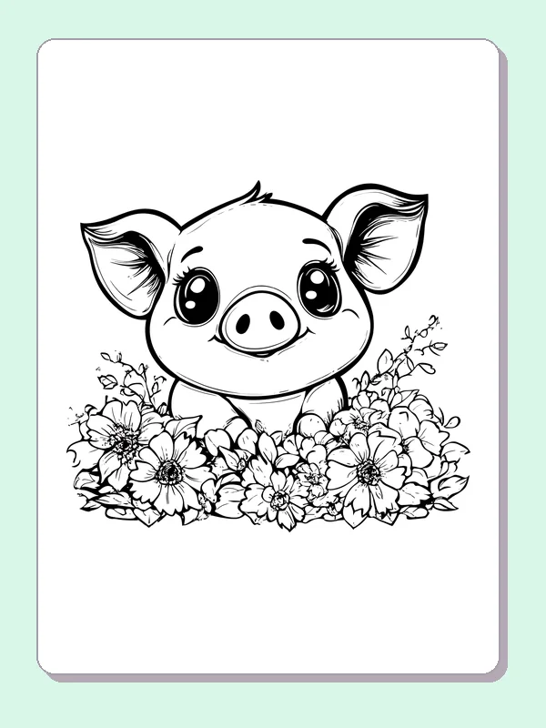Piglet In A Flower Bed pig coloring page, black and white line art to print or color online