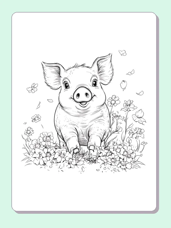 Piglet In A Flowery Field pig coloring page, black and white line art to print or color online