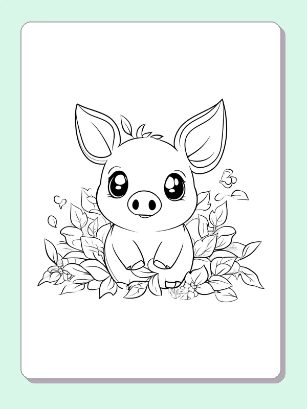 Piglet In A Leafy Corner pig coloring page, black and white line art to print or color online