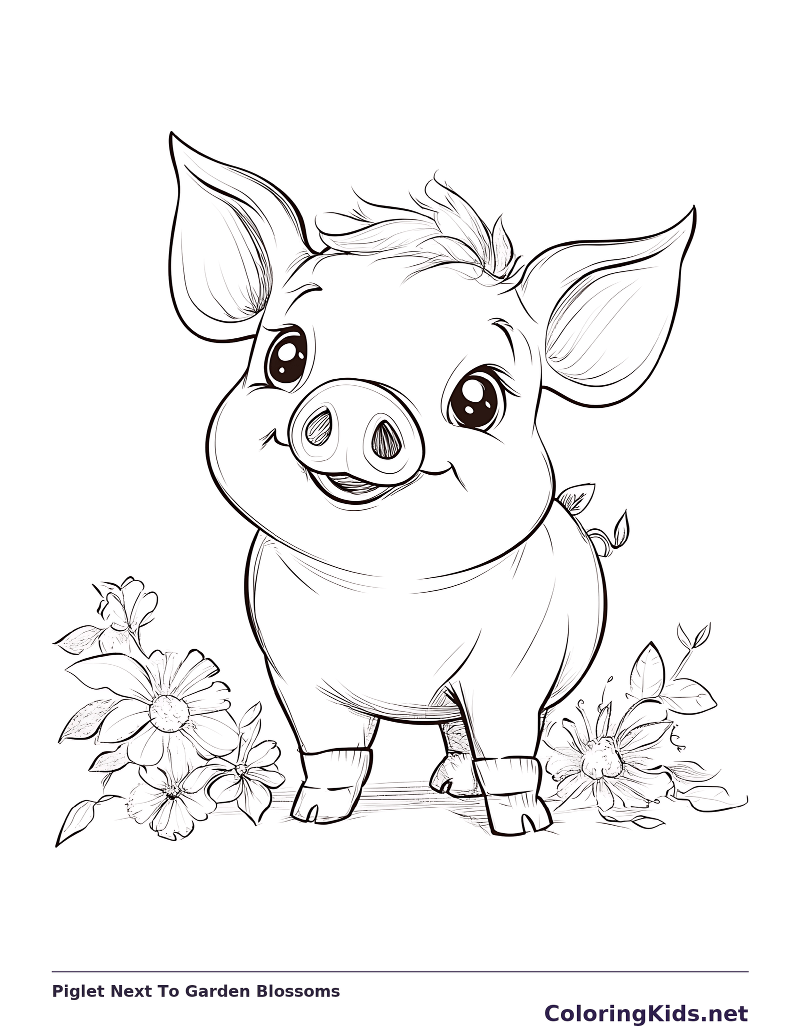 Piglet Next To Garden Blossoms pig coloring page, black and white line art to print or color online