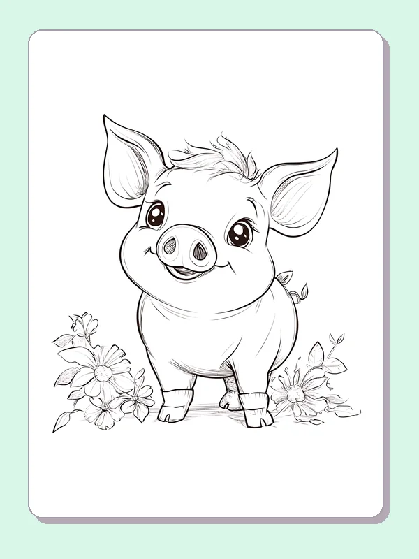Piglet Next To Garden Blossoms pig coloring page, black and white line art to print or color online