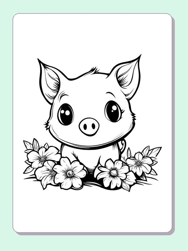 Piglet On A Bed Of Flowers pig coloring page, black and white line art to print or color online