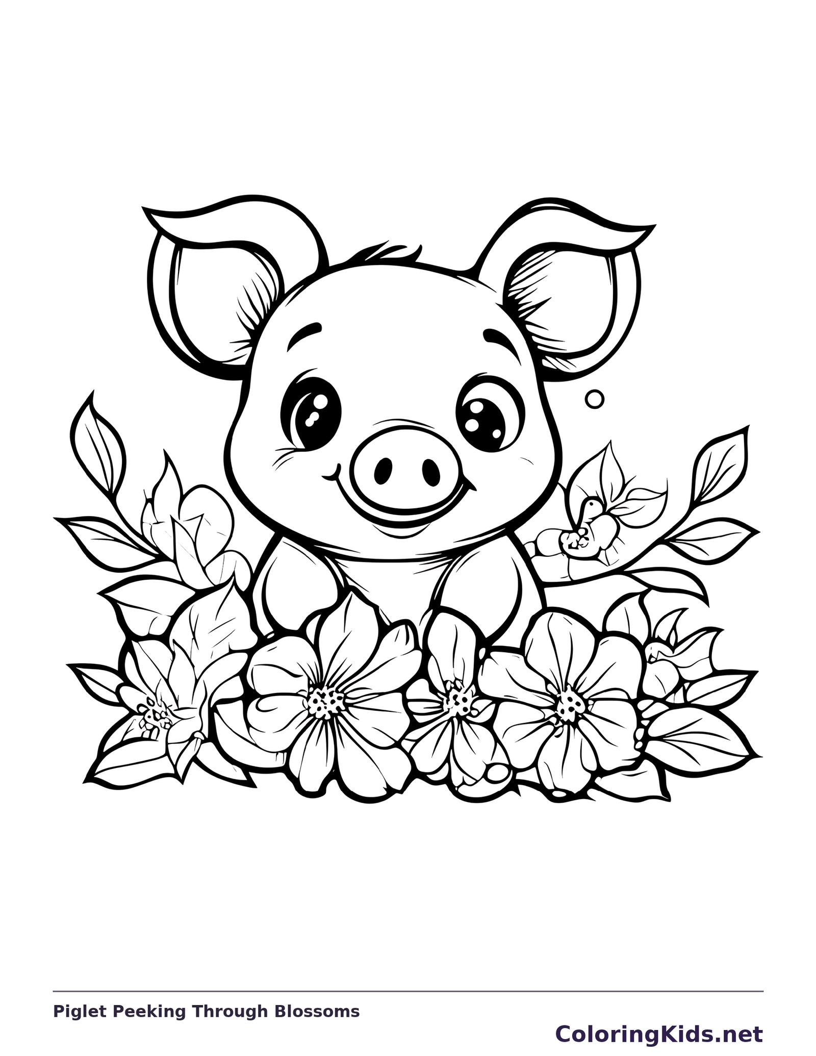 Piglet Peeking Through Blossoms pig coloring page, black and white line art to print or color online