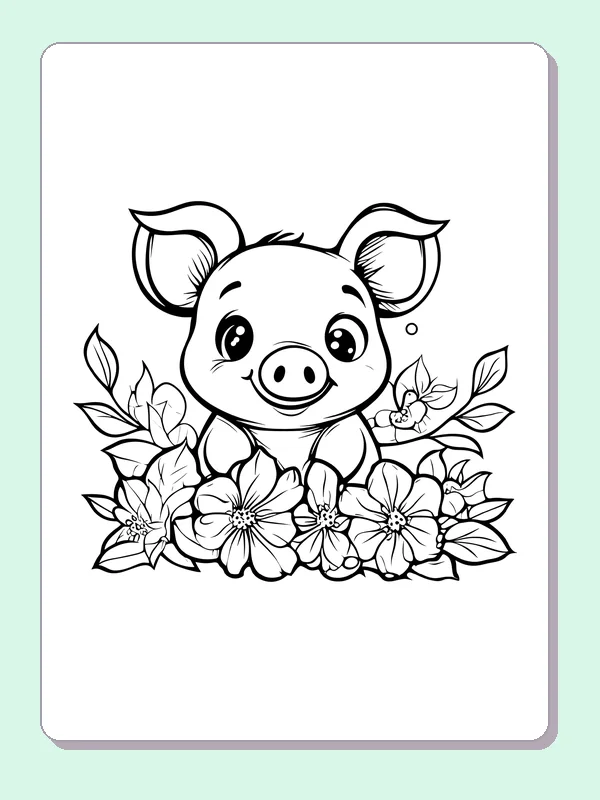 Piglet Peeking Through Blossoms pig coloring page, black and white line art to print or color online