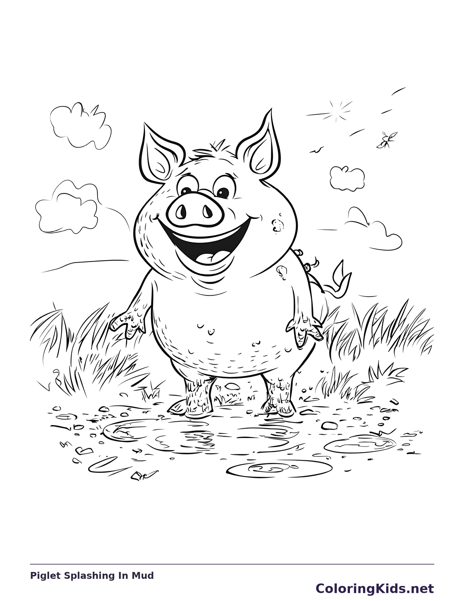 Piglet Splashing In Mud pig coloring page, black and white line art to print or color online