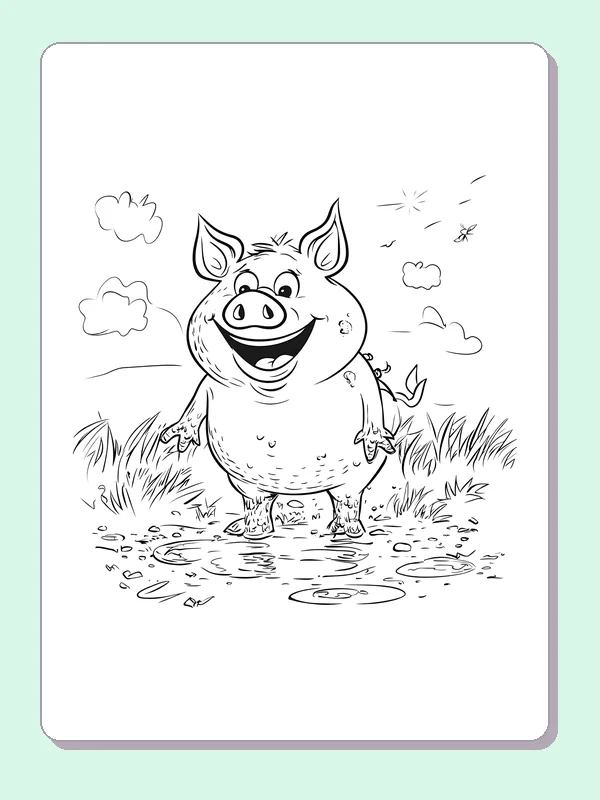 Piglet Splashing In Mud pig coloring page, black and white line art to print or color online