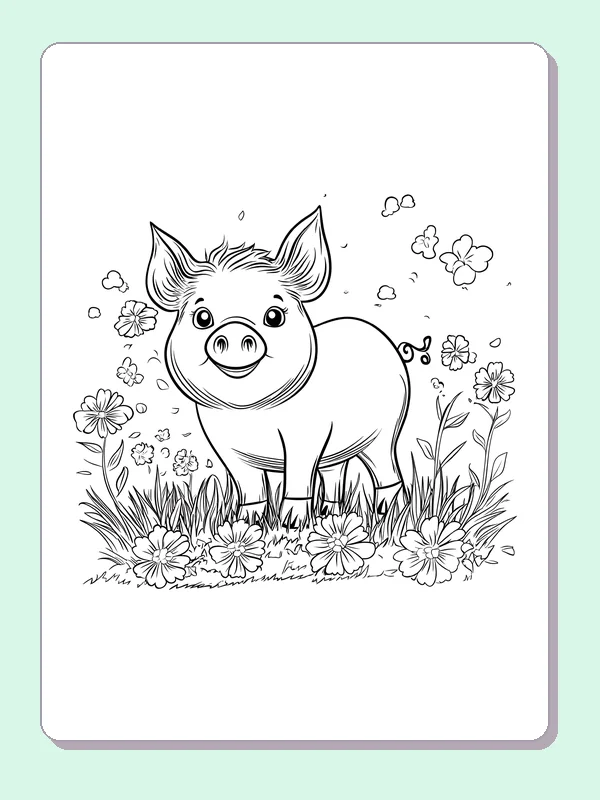 Piglet Standing In Wildflowers pig coloring page, black and white line art to print or color online