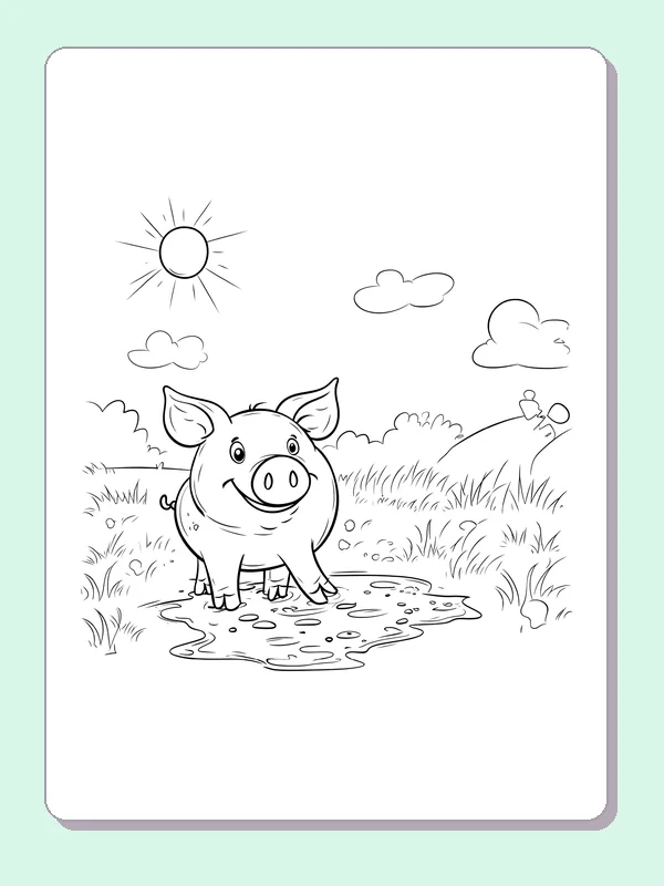 Piglet Under The Sun pig coloring page, black and white line art to print or color online