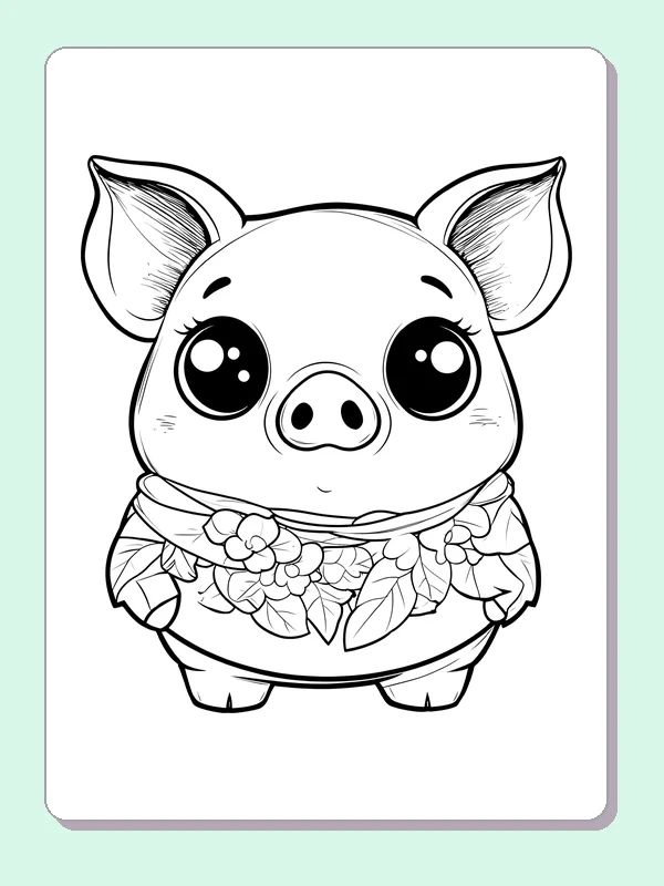 Piglet Wearing A Flower Collar pig coloring page, black and white line art to print or color online