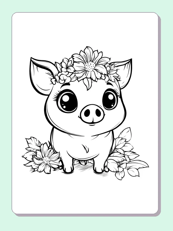 Piglet With A Flower Crown pig coloring page, black and white line art to print or color online