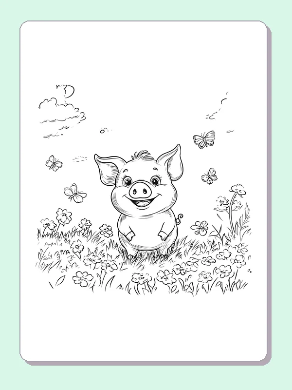 Piglet With Butterflies And Flowers pig coloring page, black and white line art to print or color online
