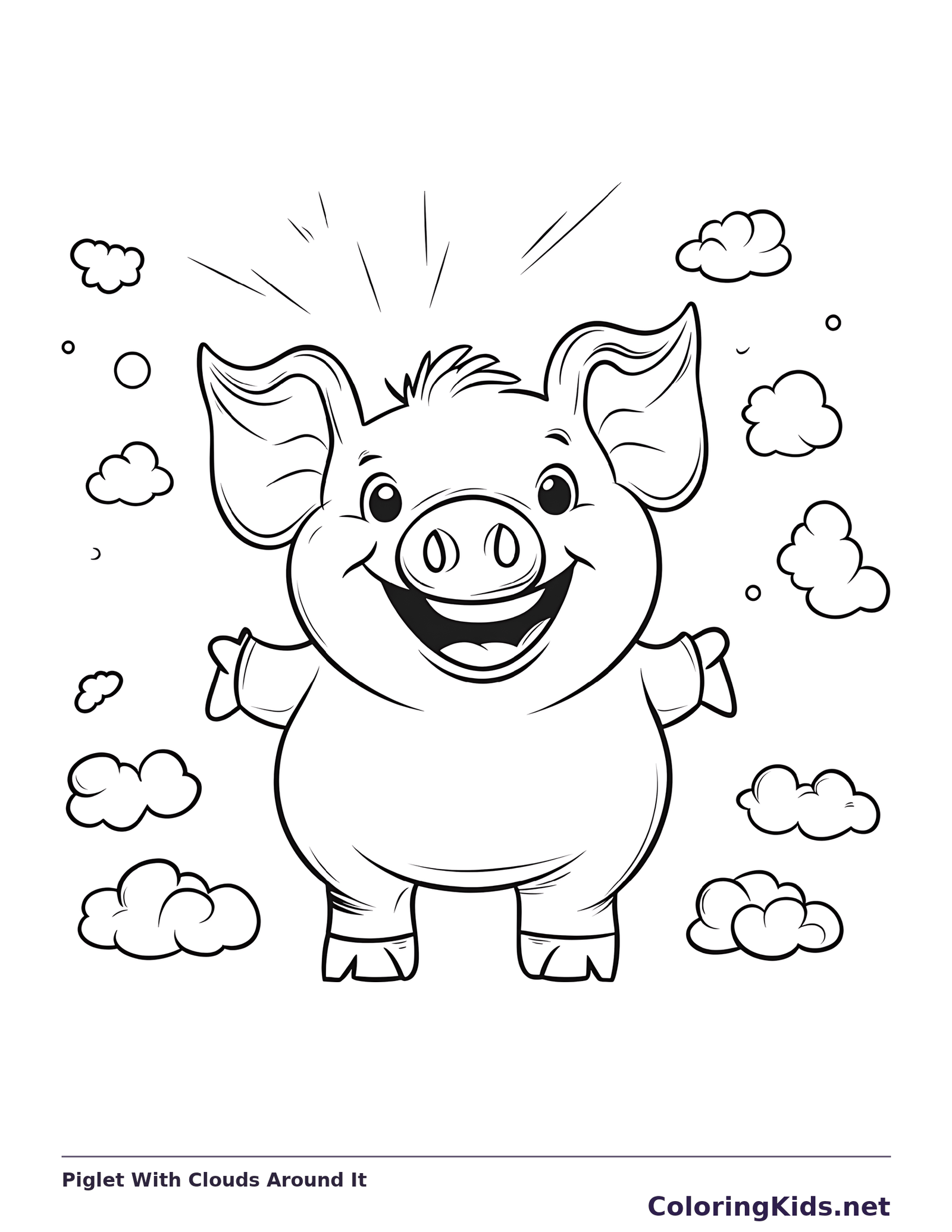 Piglet With Clouds Around It pig coloring page, black and white line art to print or color online