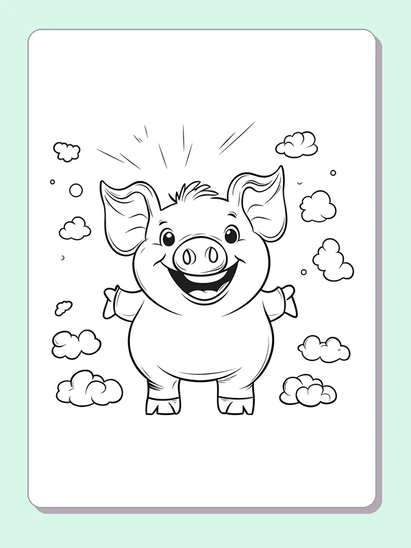 Piglet With Clouds Around It pig coloring page, black and white line art to print or color online