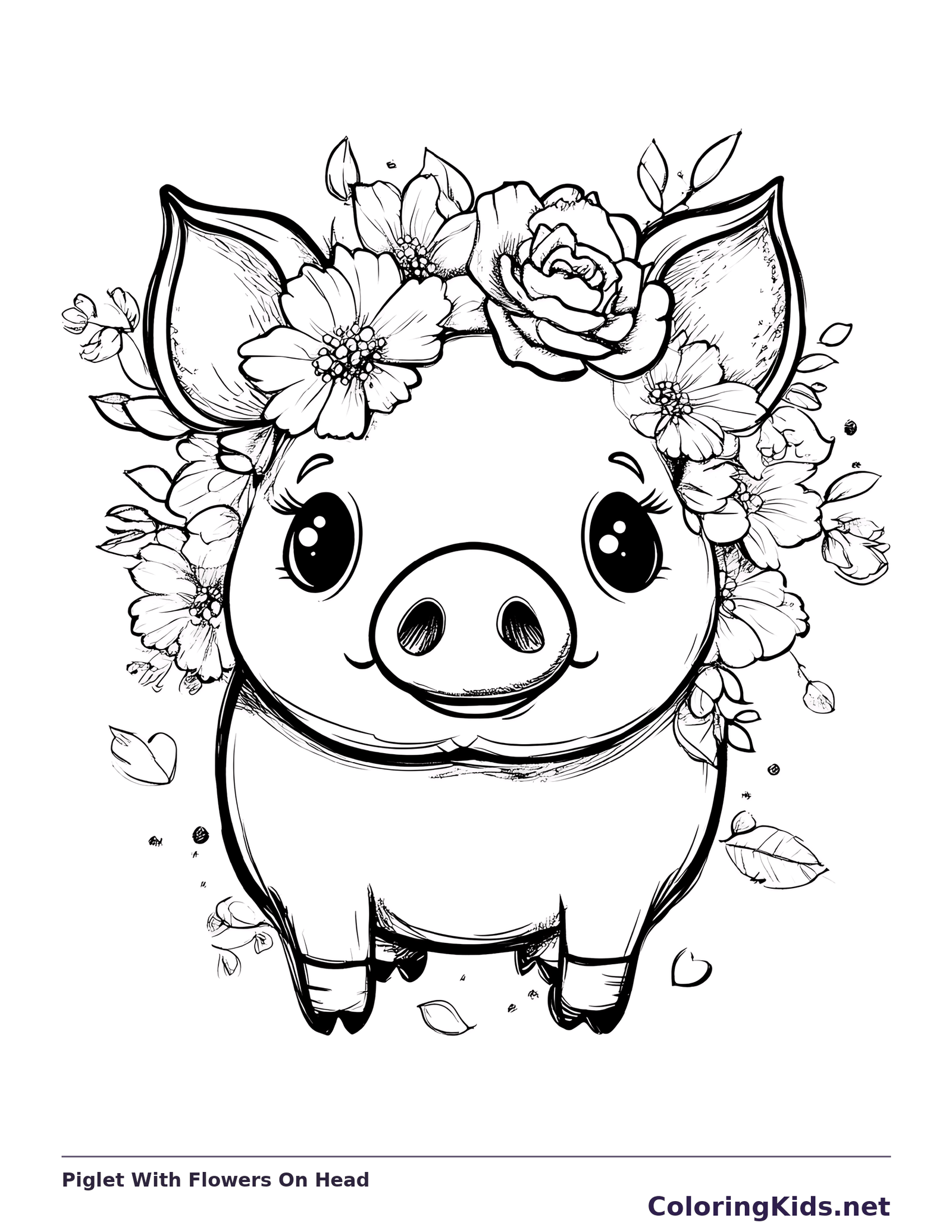 Piglet With Flowers On Head pig coloring page, black and white line art to print or color online