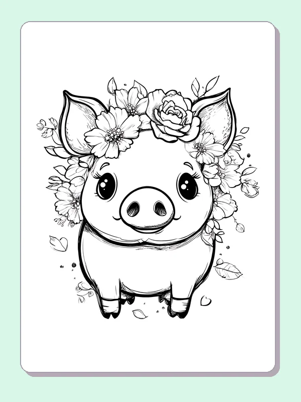 Piglet With Flowers On Head pig coloring page, black and white line art to print or color online
