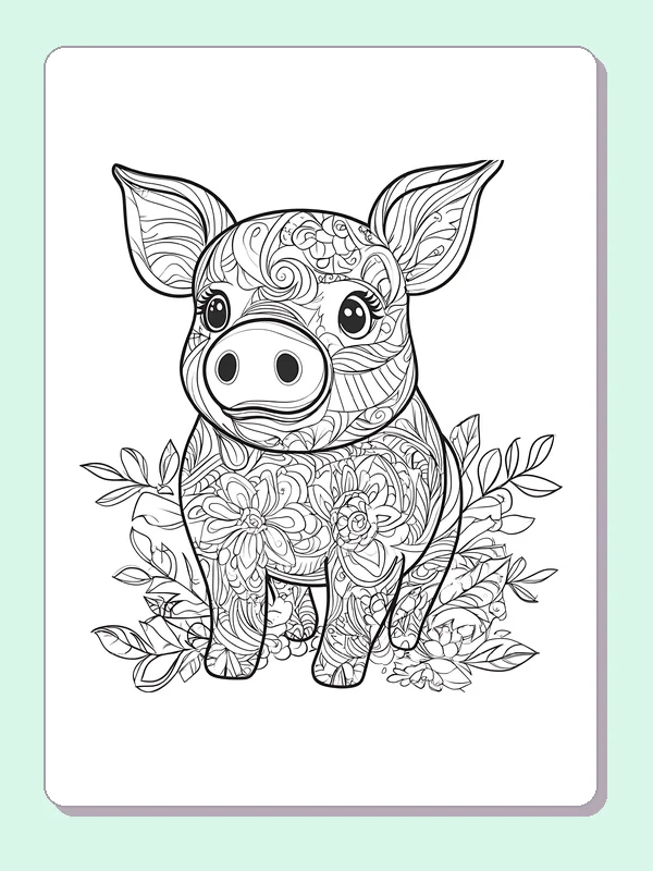 Piglet With Patterned Coat pig coloring page, black and white line art to print or color online