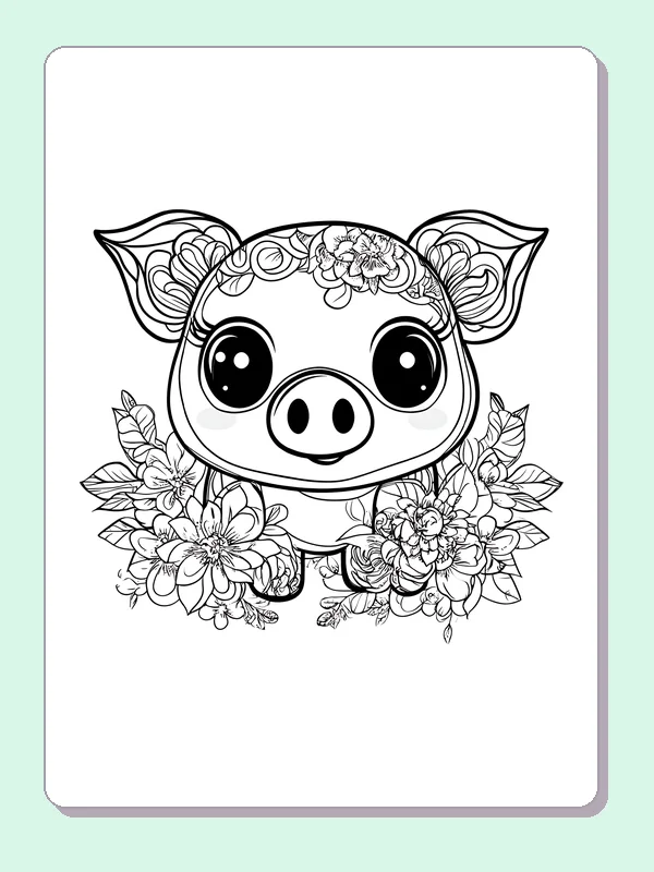 Piglet With Patterned Ears pig coloring page, black and white line art to print or color online