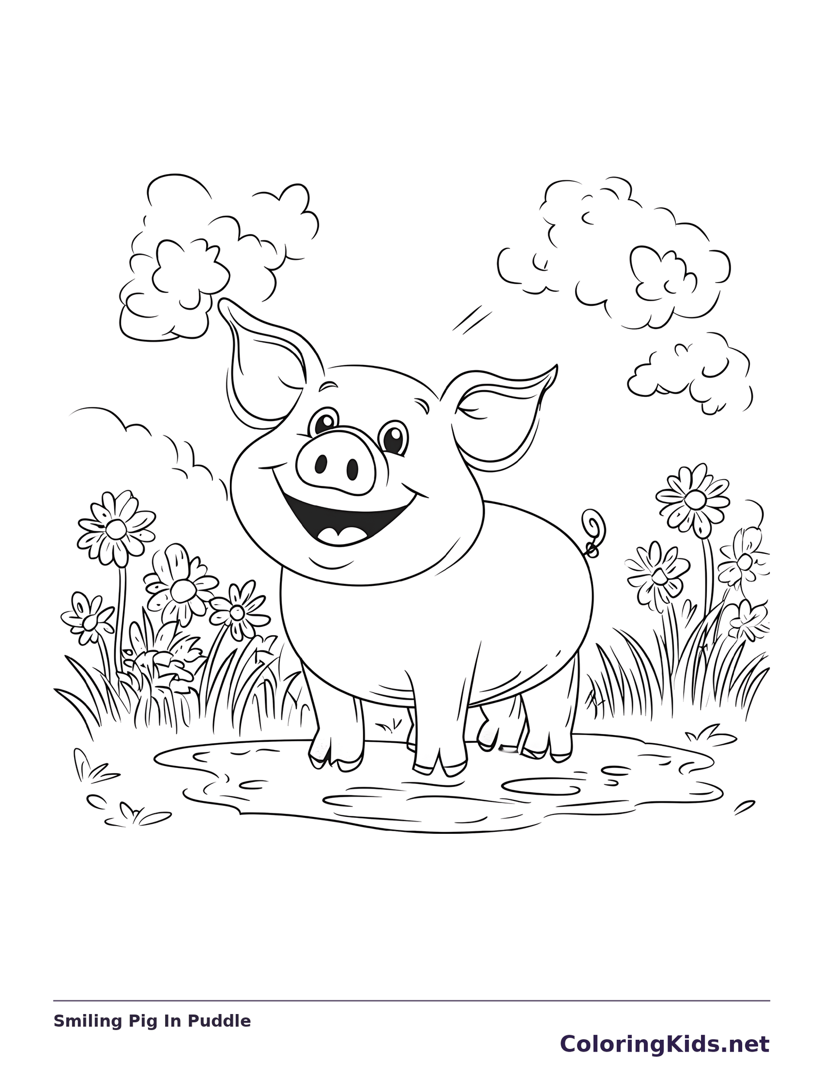 Smiling Pig In Puddle pig coloring page, black and white line art to print or color online