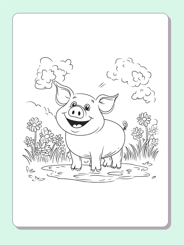 Smiling Pig In Puddle pig coloring page, black and white line art to print or color online