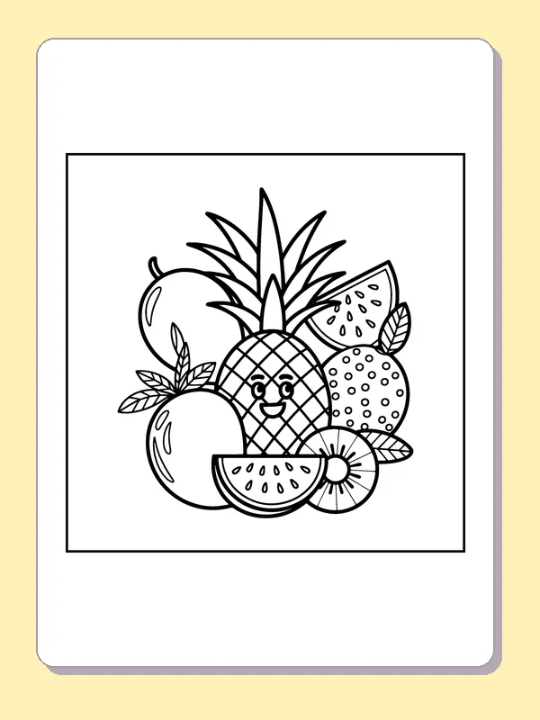 Black and white printable pineapple among a bowl of fruit coloring sheet