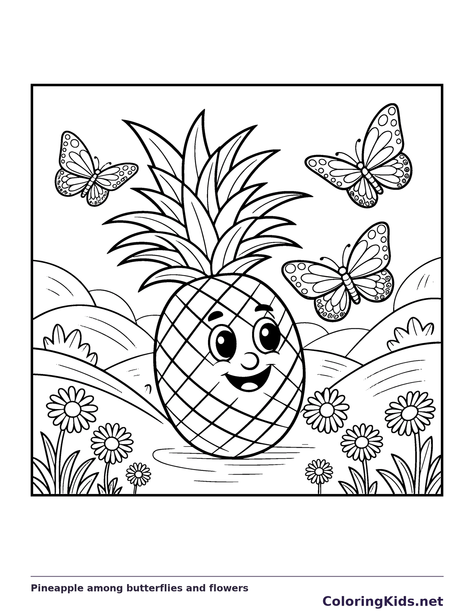 Black and white printable pineapple among butterflies and flowers coloring sheet