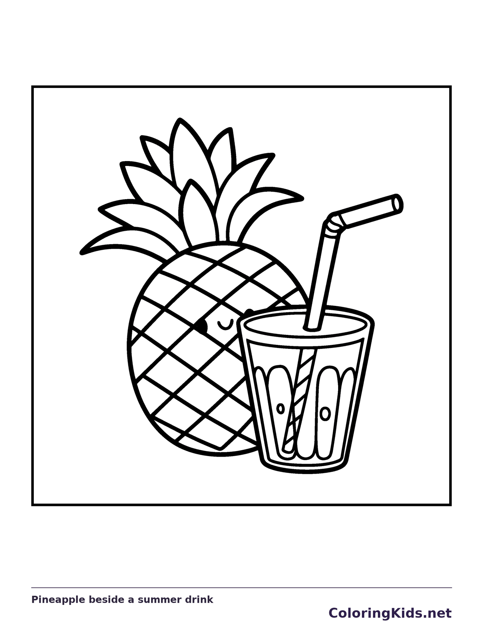 Black and white printable pineapple beside a summer drink coloring sheet