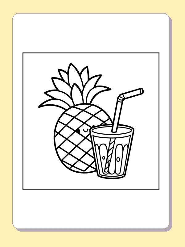 Black and white printable pineapple beside a summer drink coloring sheet