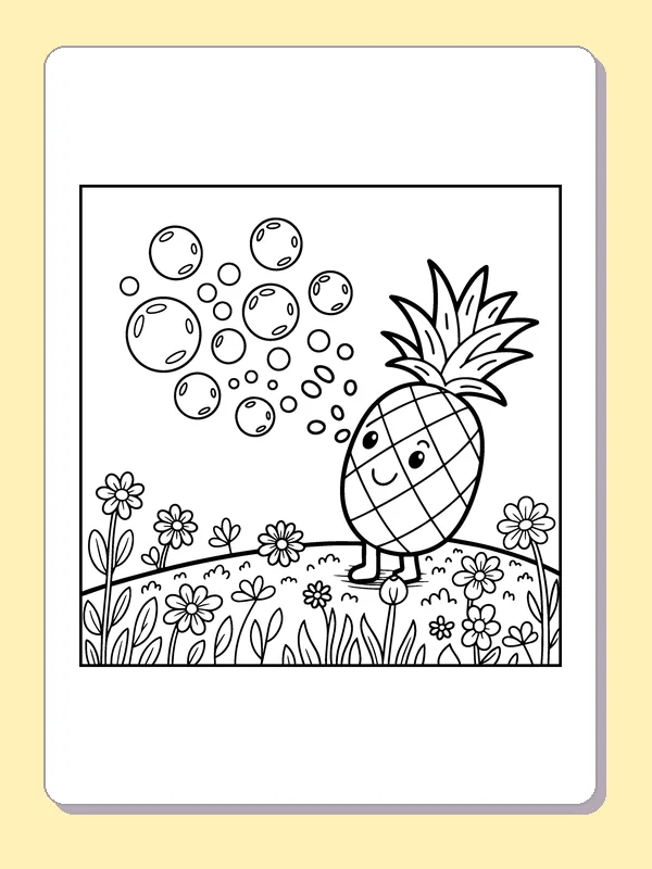Black and white printable pineapple blowing bubbles in a flower meadow coloring sheet