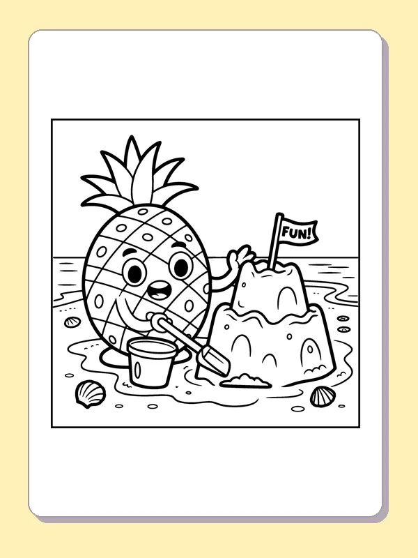 Black and white printable pineapple building a sandcastle coloring sheet