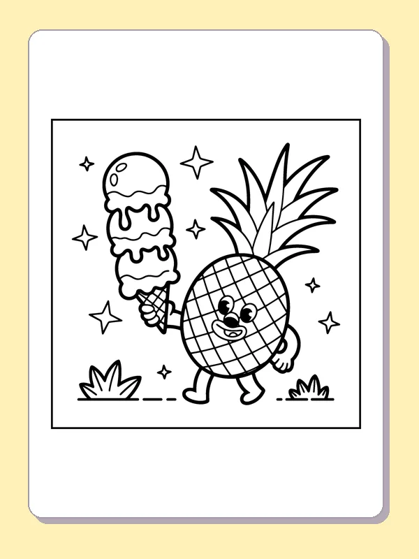 Black and white printable pineapple carrying a tall ice cream cone coloring sheet
