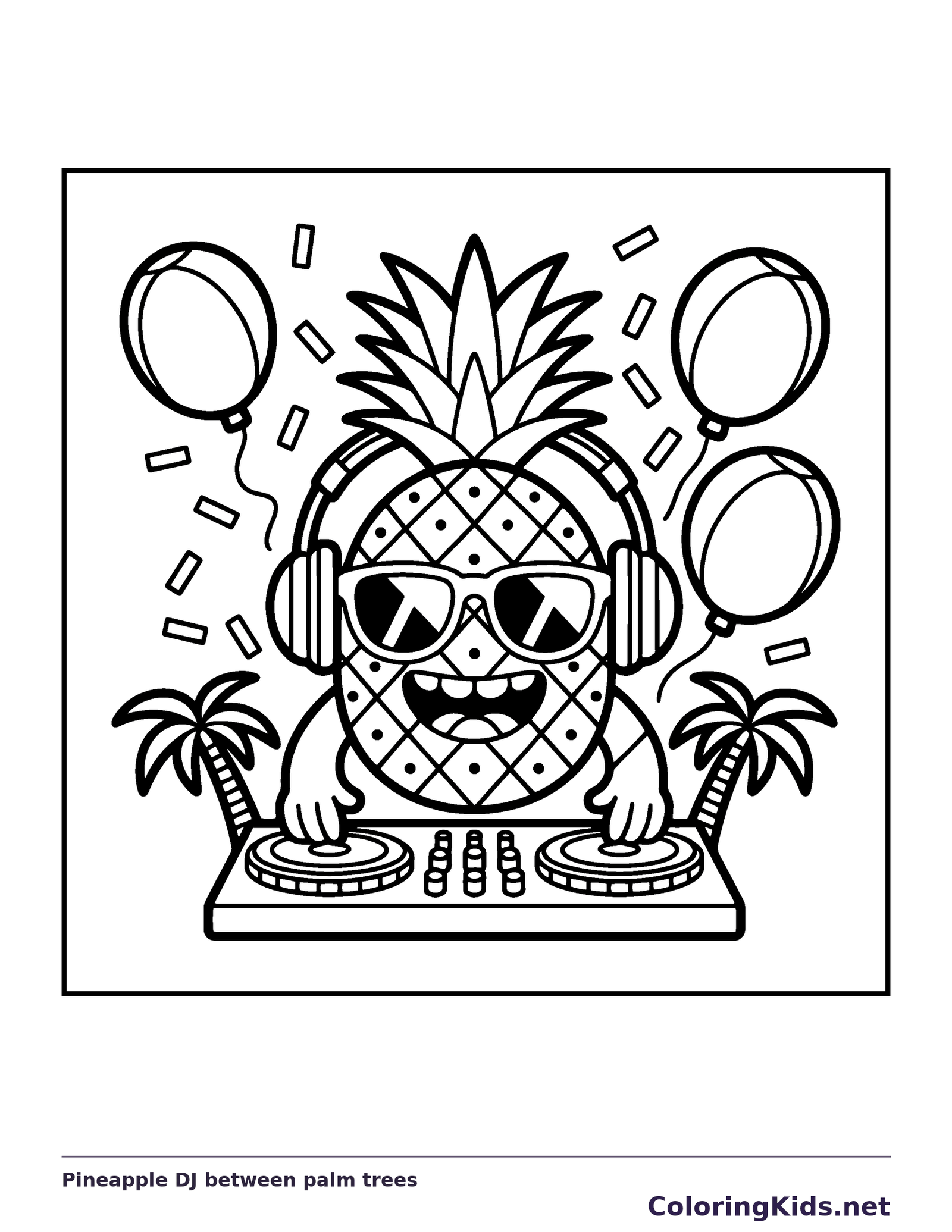 Black and white printable pineapple dj between palm trees coloring sheet