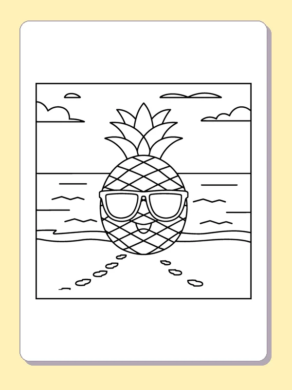 Line drawing of a pineapple wearing sunglasses at the beach
