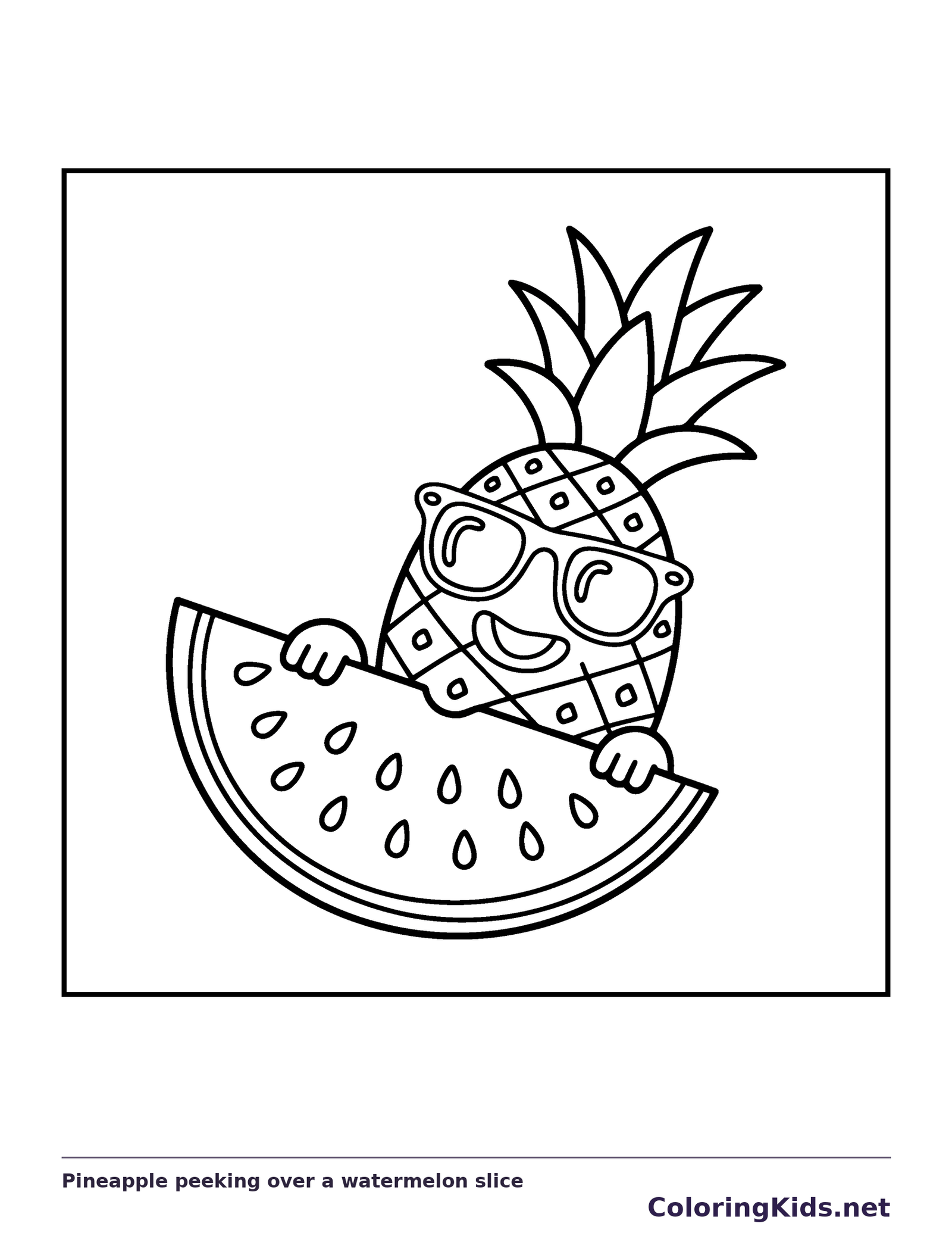 Black and white printable pineapple peeking over a watermelon slice coloring sheet