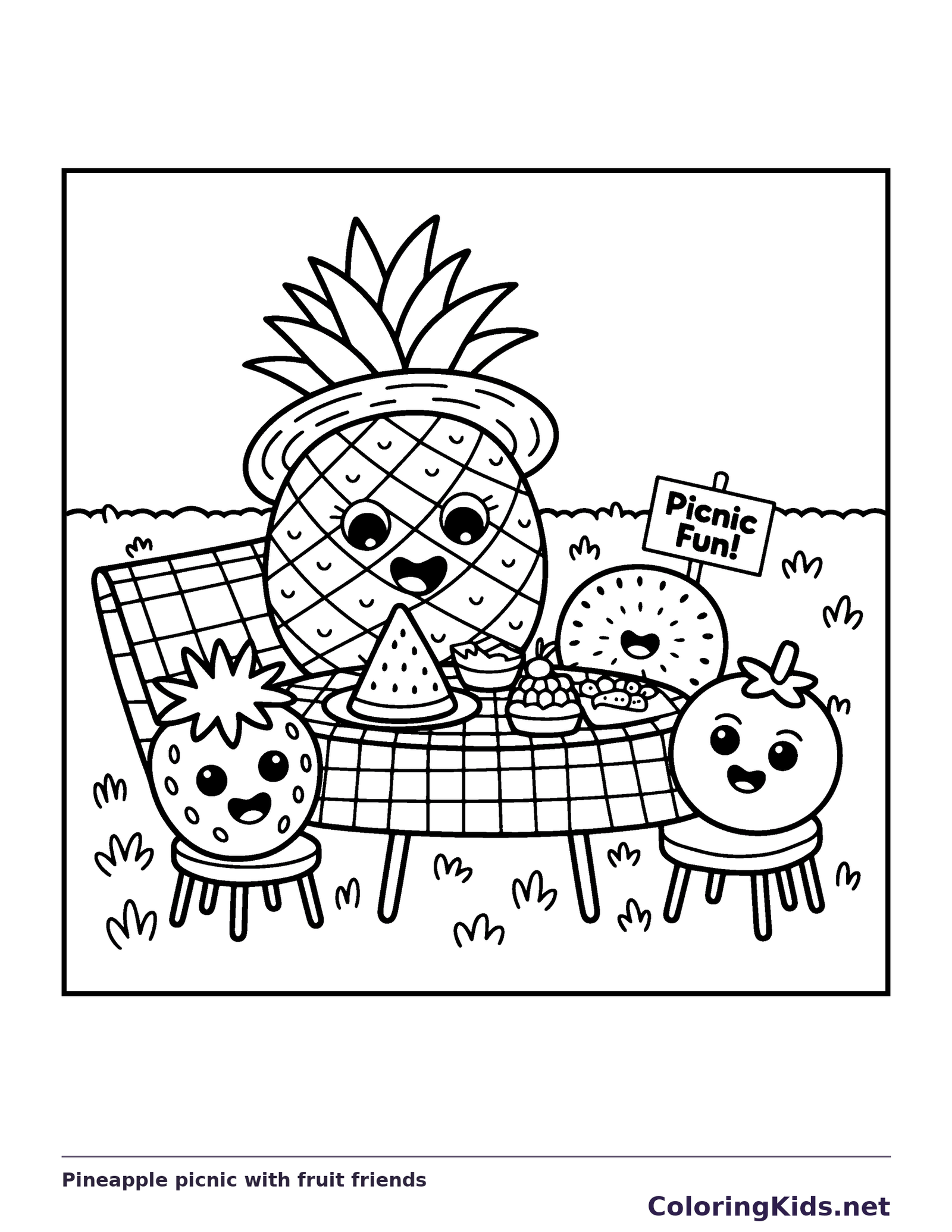 Black and white printable pineapple picnic with fruit friends coloring sheet