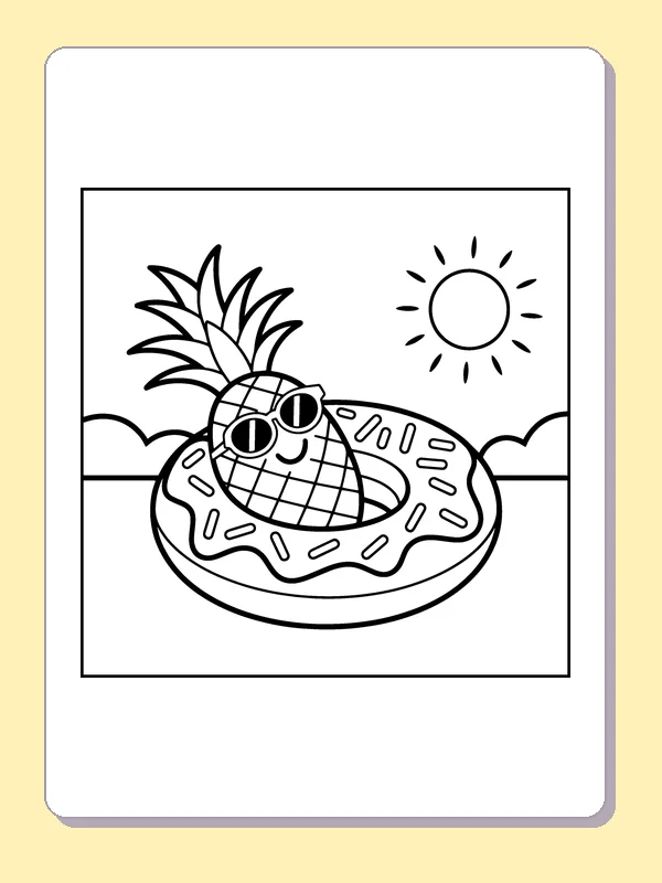 Black and white printable pineapple relaxing in a pool ring coloring sheet