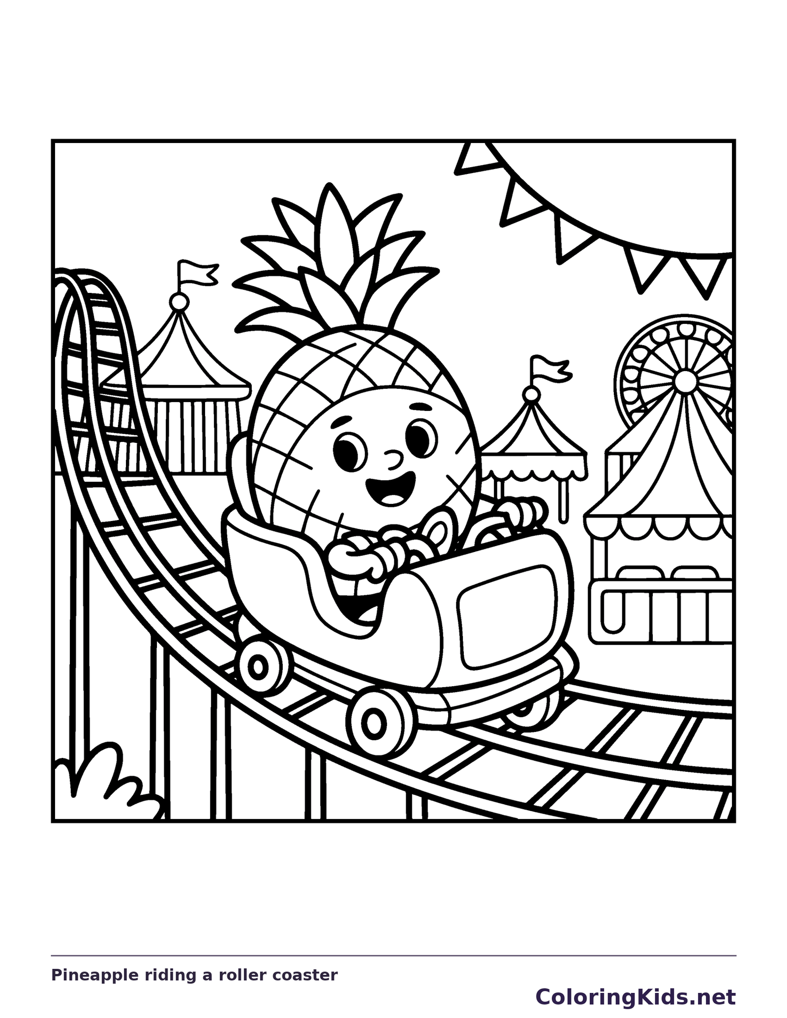 Black and white printable pineapple riding a roller coaster coloring sheet