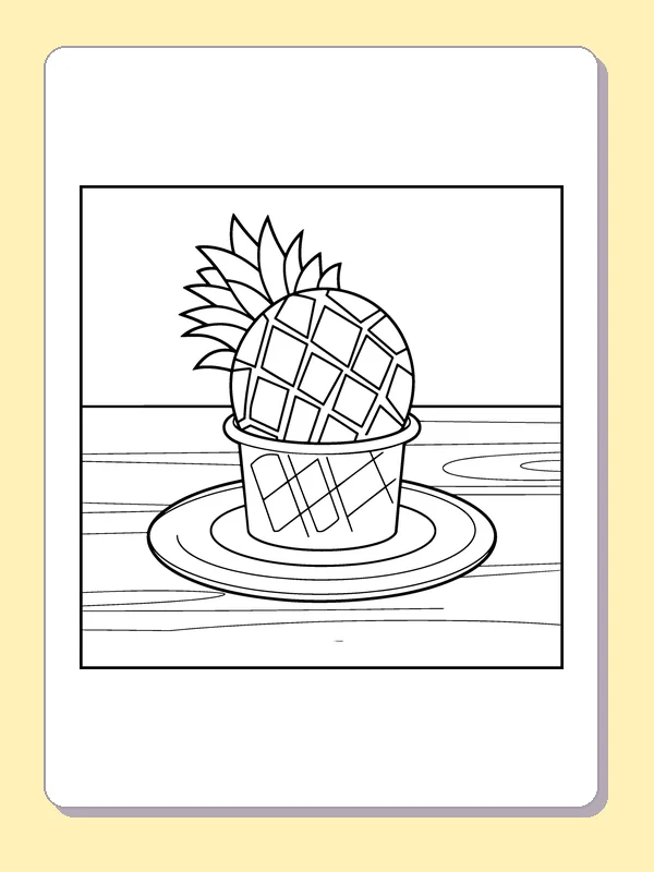 Black and white printable pineapple served in a dessert cup coloring sheet