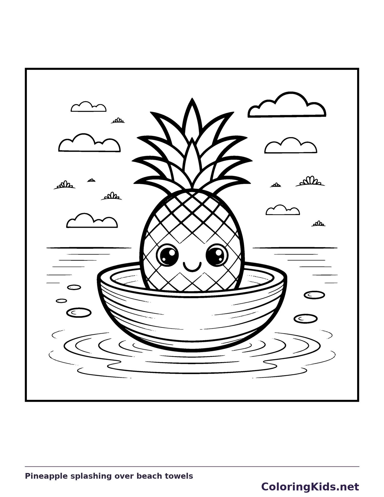 Black and white printable pineapple splashing over beach towels coloring sheet