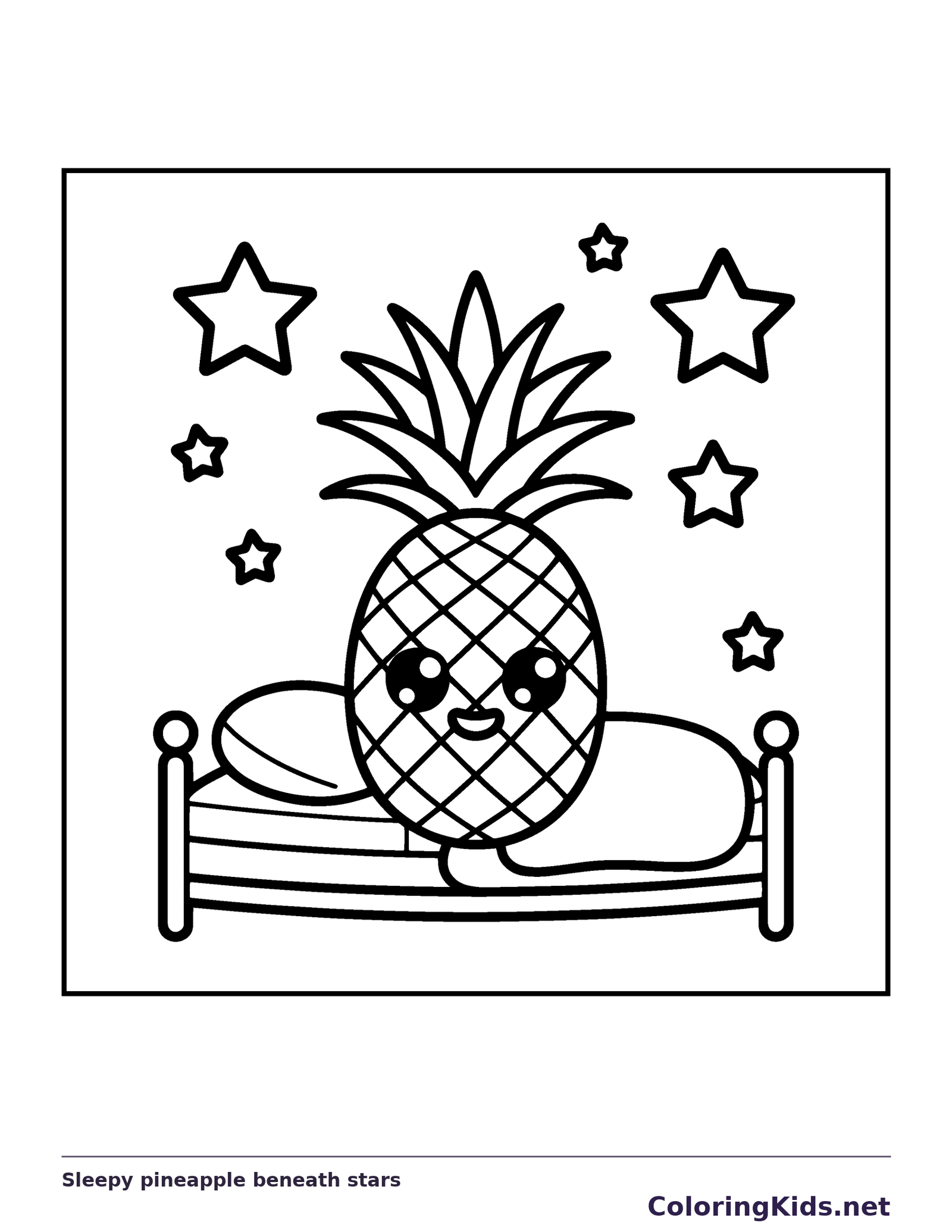 Black and white printable sleepy pineapple beneath stars coloring sheet