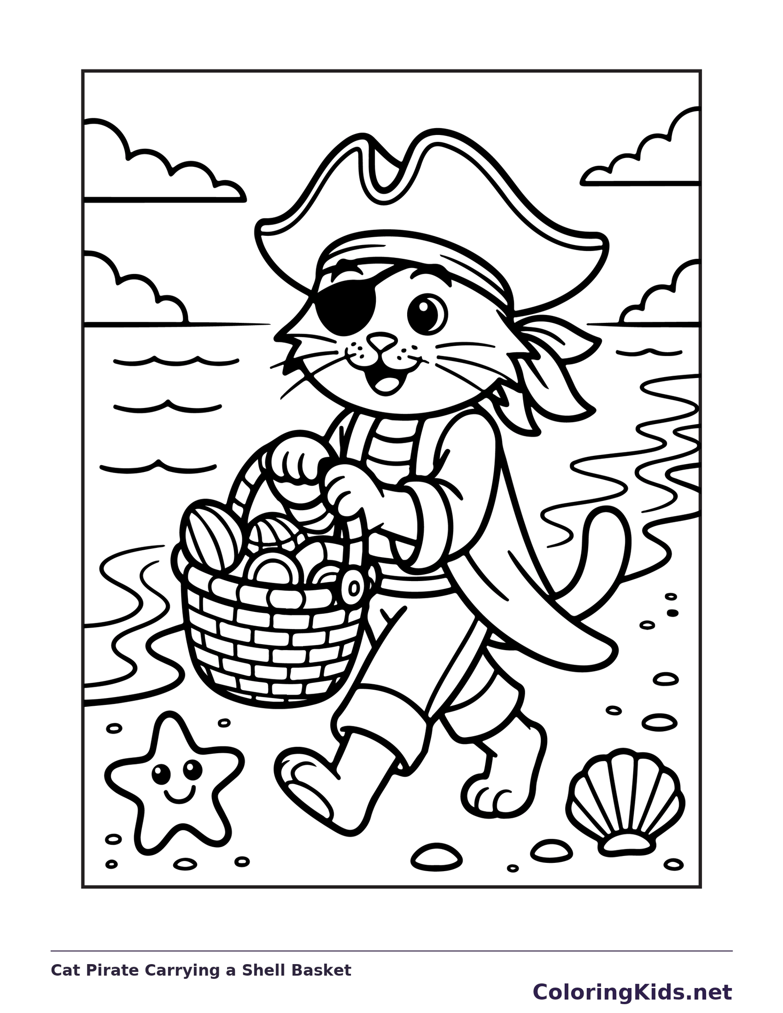 Black and white printable cat pirate carrying a shell basket coloring sheet